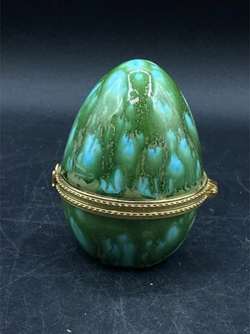 Egg Shaped Hinged Trinket Box Ceramic Vintage Green Blue Tie Dye
